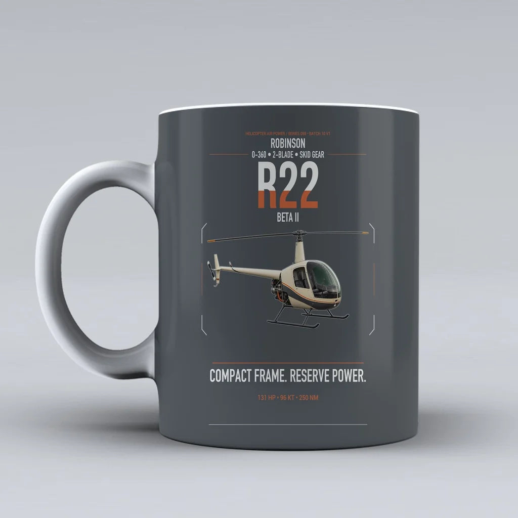 Robinson R22 Beta II design on gray ceramic mug, double-side print