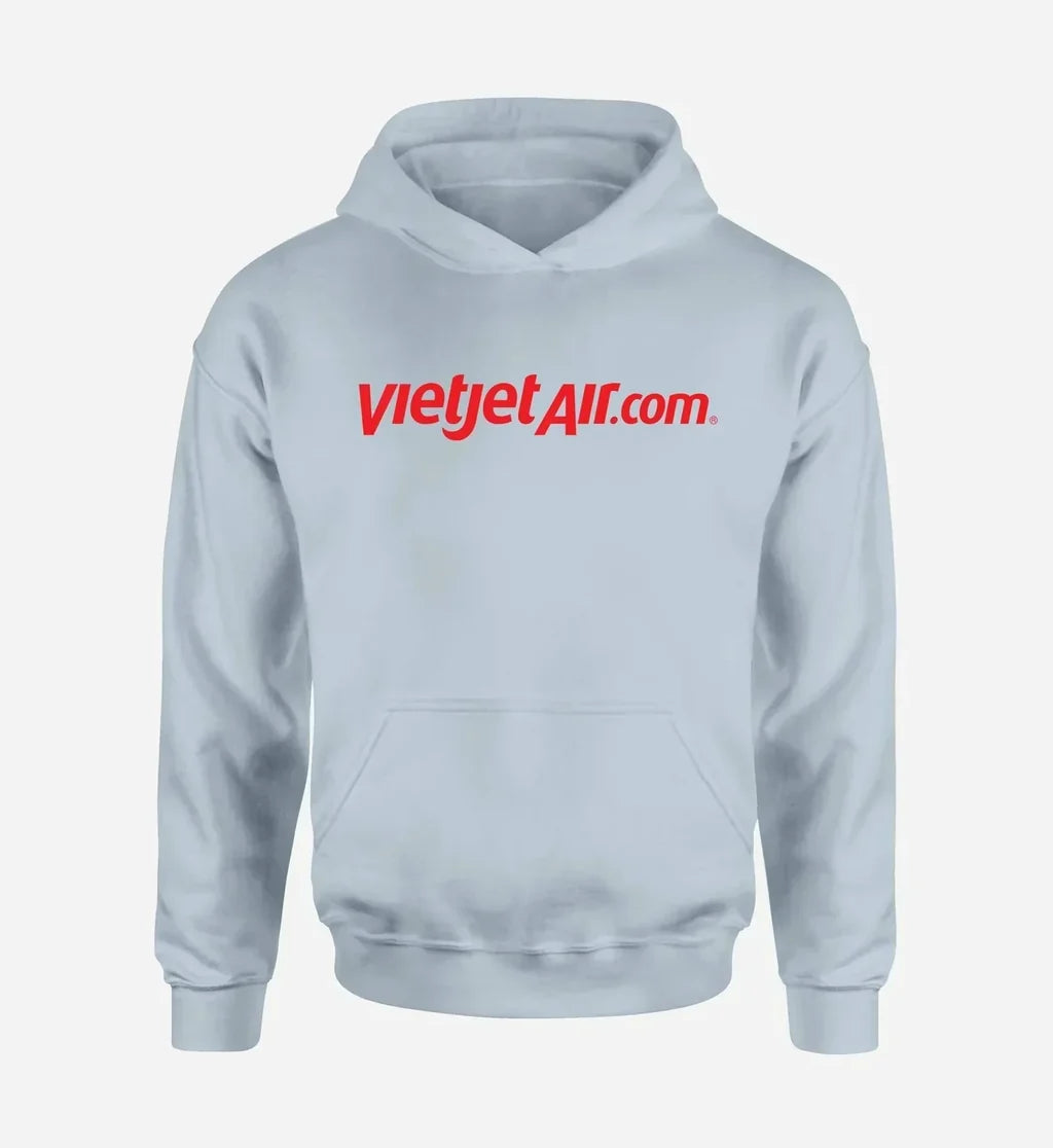 VietJet Air logo printed on light blue hoodie