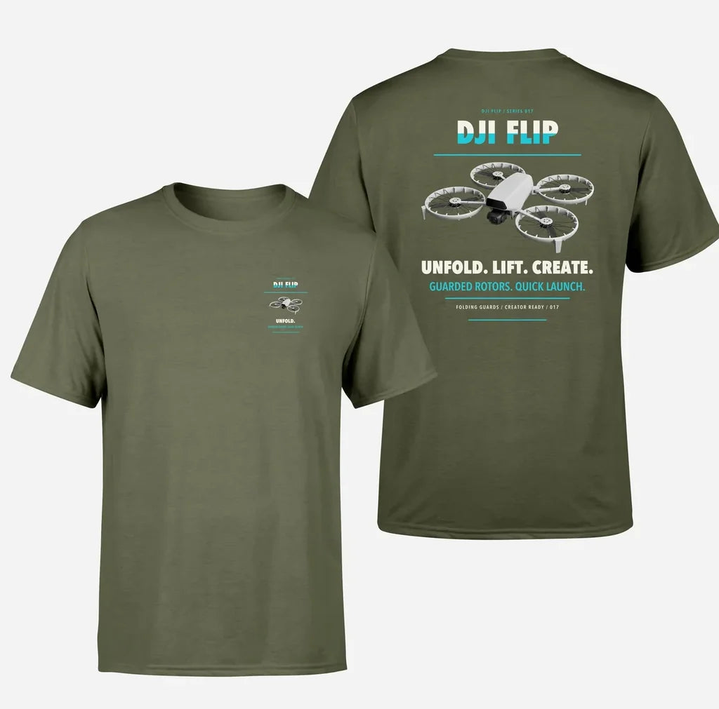 DJI Flip design on green army t shirt