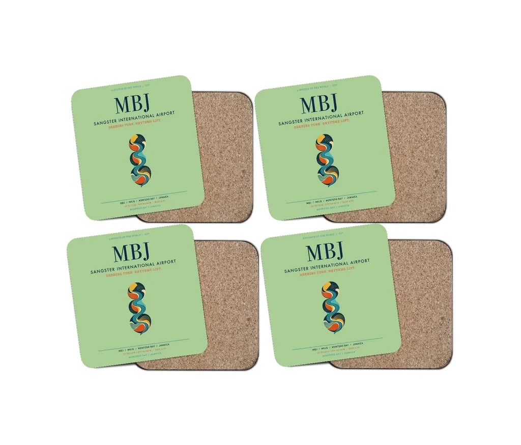 Sangster International Airport (MBJ) design on light green 4 pieces set coaster