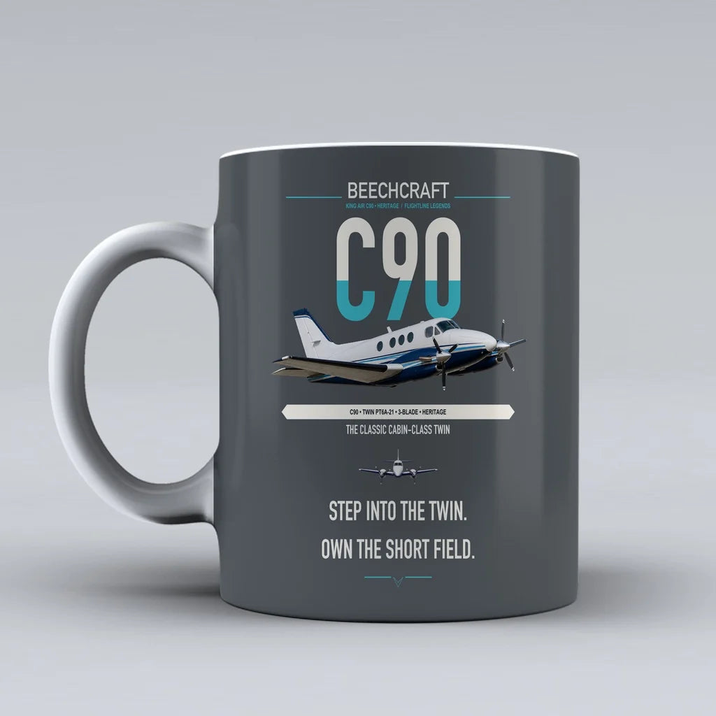 Beechcraft King Air C90 design on gray ceramic mug, double-side print