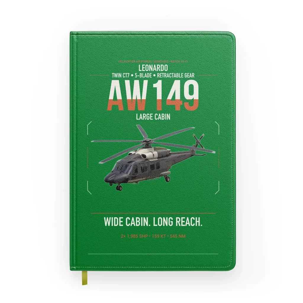 Leonardo AW149 design on green notebook