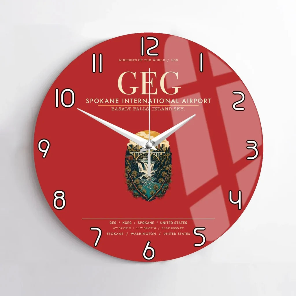 Spokane International Airport (GEG) design on red no frame wall clock
