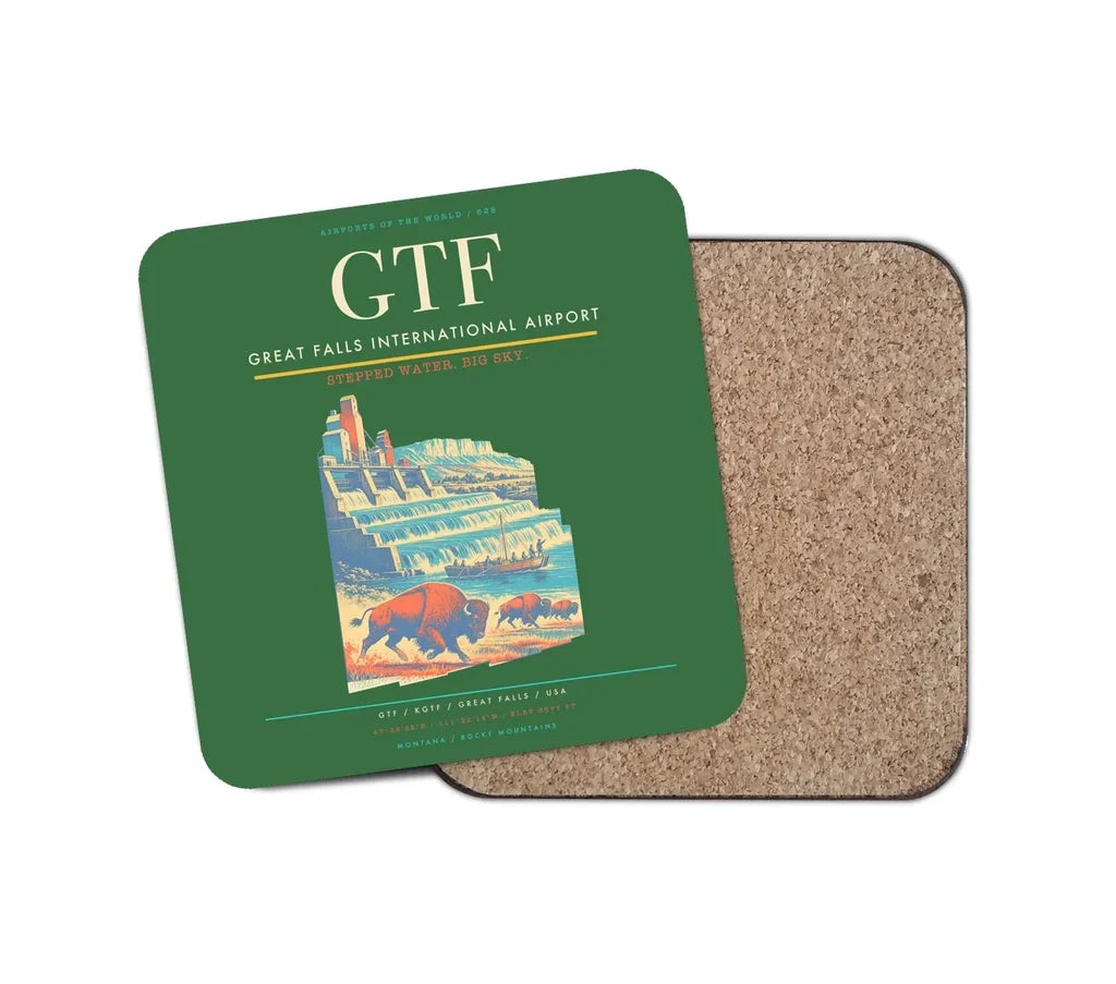 Great Falls International Airport (GTF) design on green 1 piece coaster
