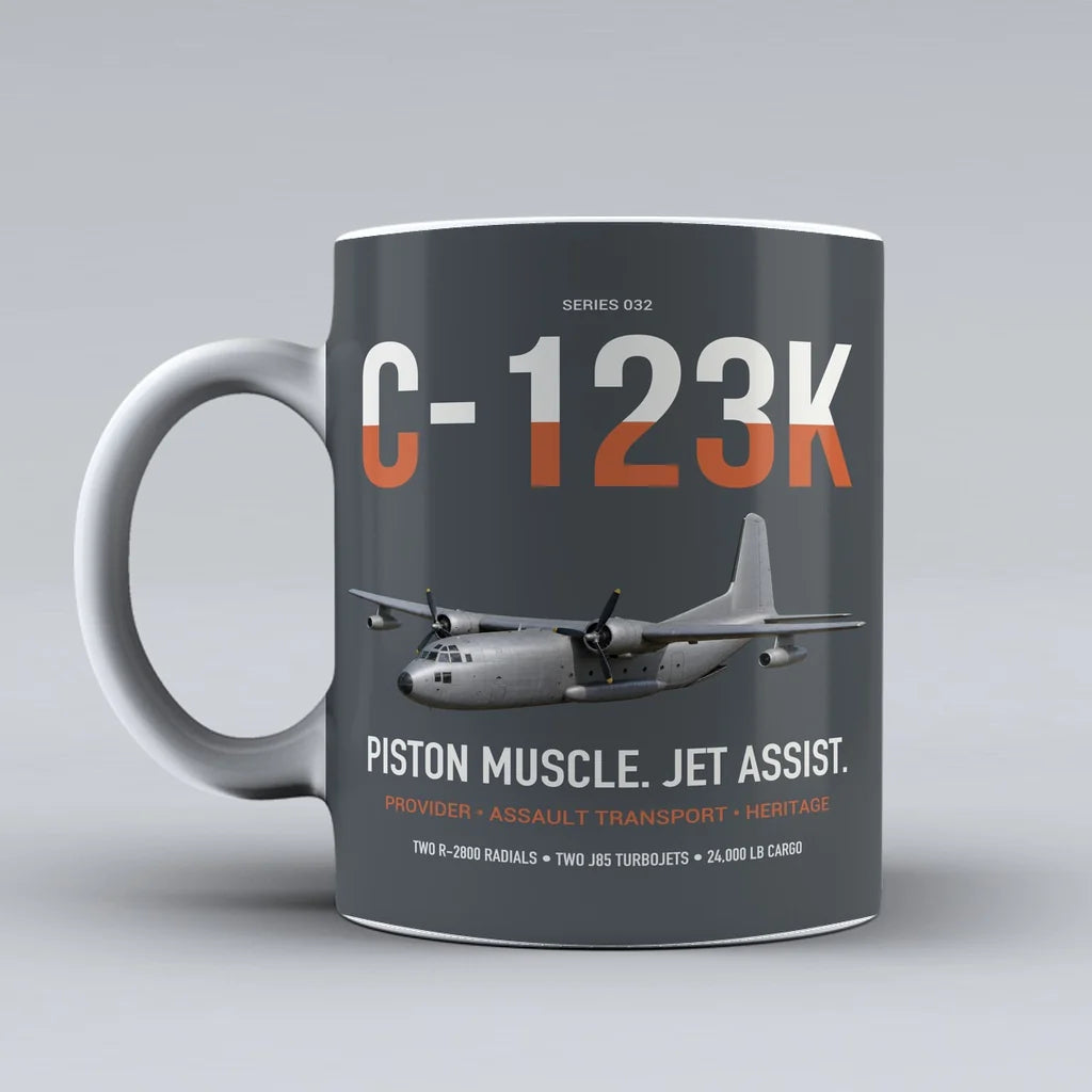 C-123K Provider design on gray ceramic mug, double-side print