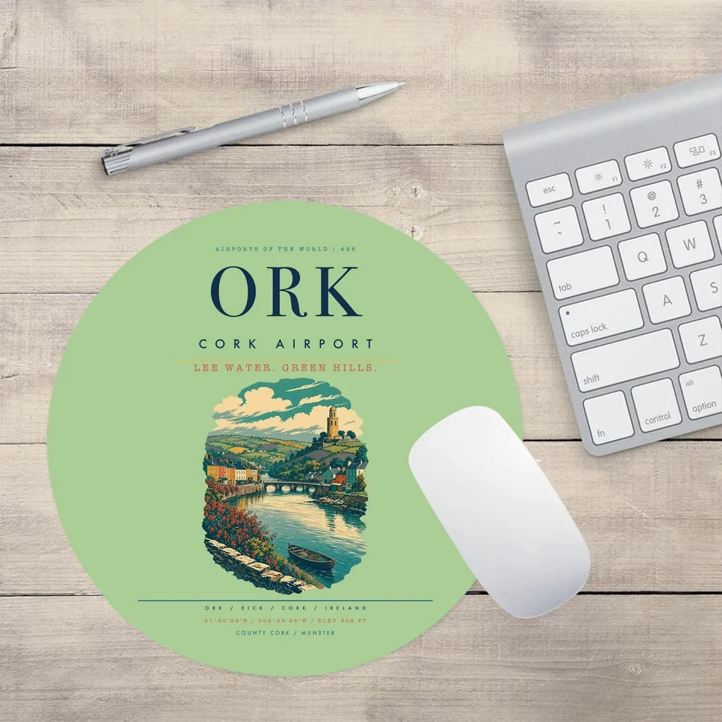 Cork Airport (ORK) design on light green round mouse pad