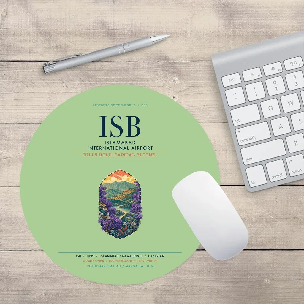 Islamabad International Airport (ISB) design on light green round mouse pad