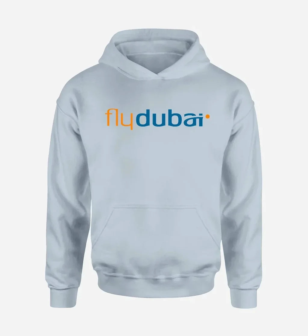 Flydubai Airlines logo printed on light blue hoodie
