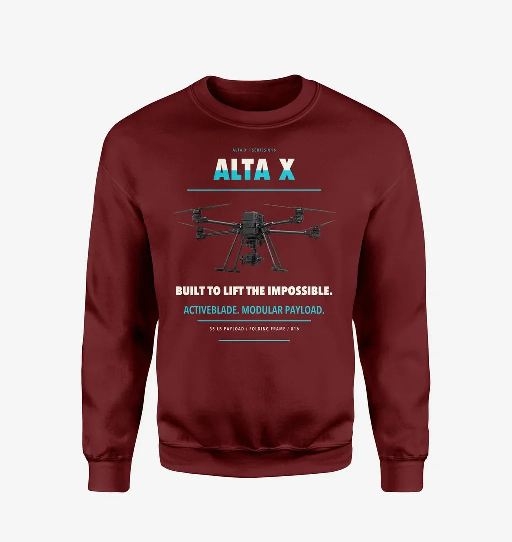Freefly Alta X design on wine red sweatshirt