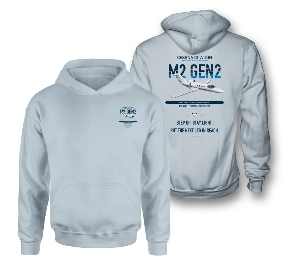 Cessna Citation M2 Gen2 design on light blue double-side hoodie, double-side print