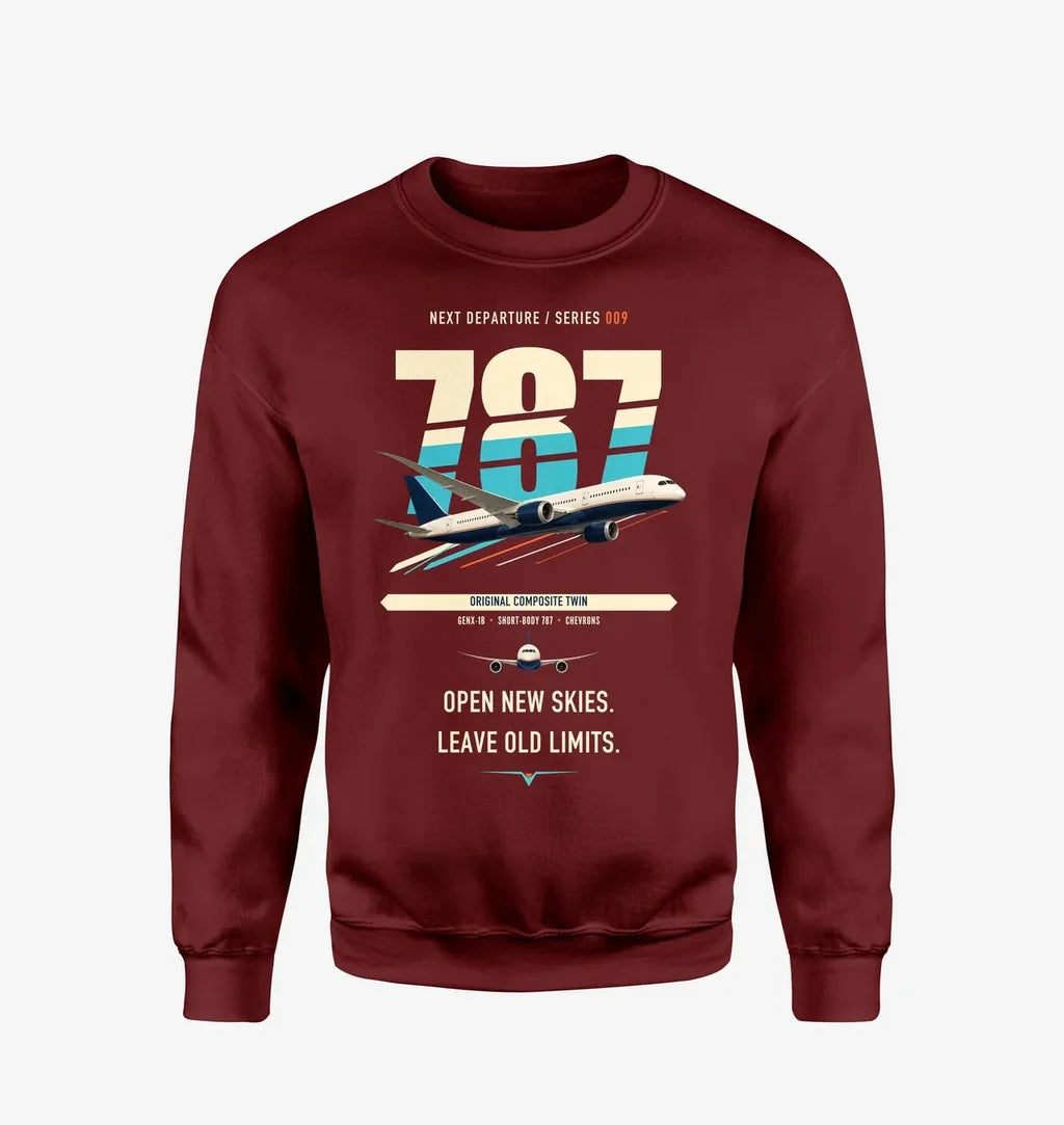 Boeing 787-8 Dreamliner design on wine red sweatshirt