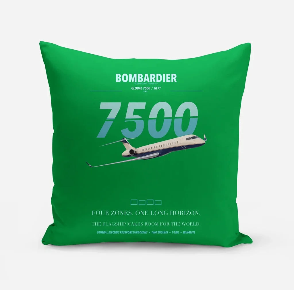 Bombardier Global 7500 design on green pillow
