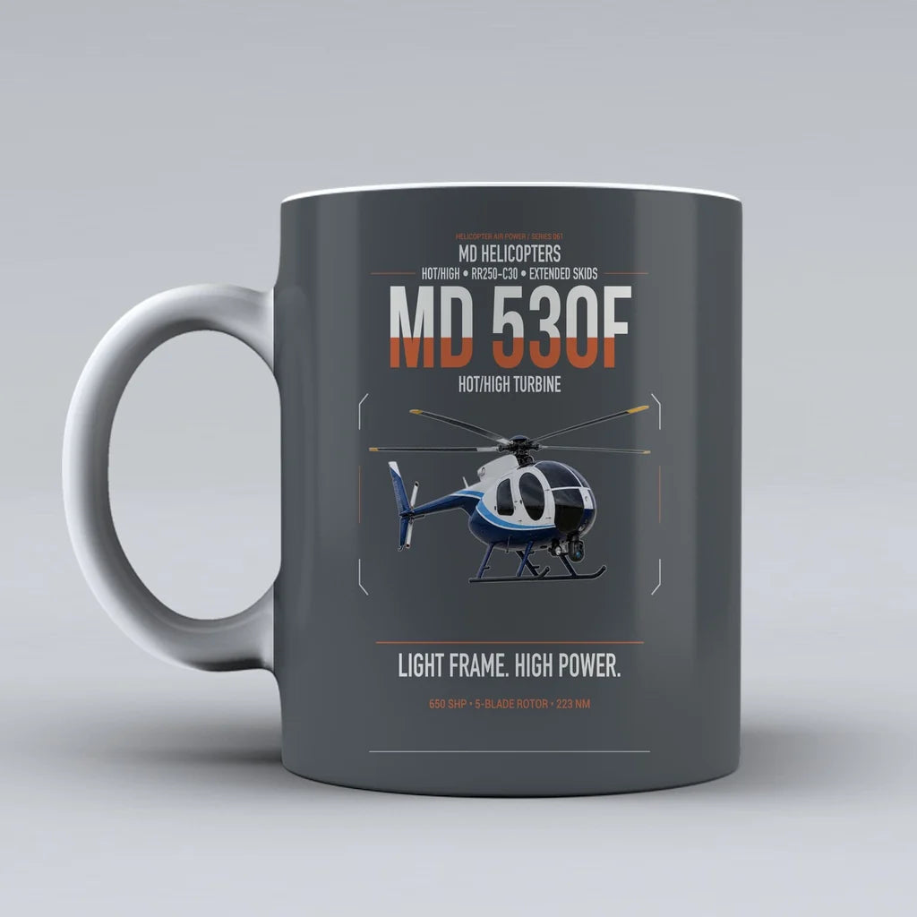 MD Helicopters MD 530F design on gray ceramic mug, double-side print