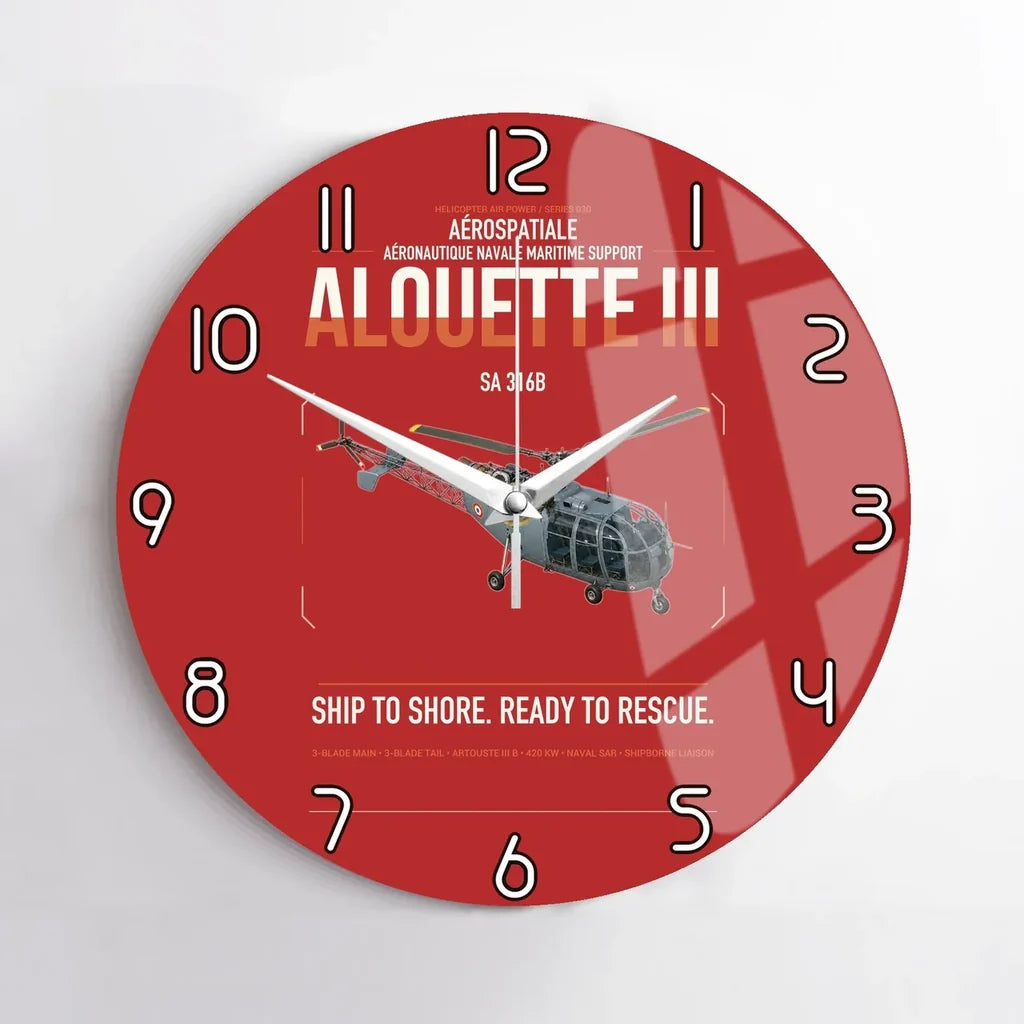 Aérospatiale SA 316B Alouette III design on red no frame wall clock