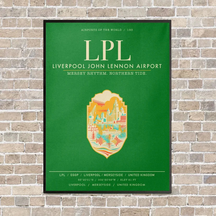 Liverpool John Lennon Airport LPL vertical canvas print - framed - green background