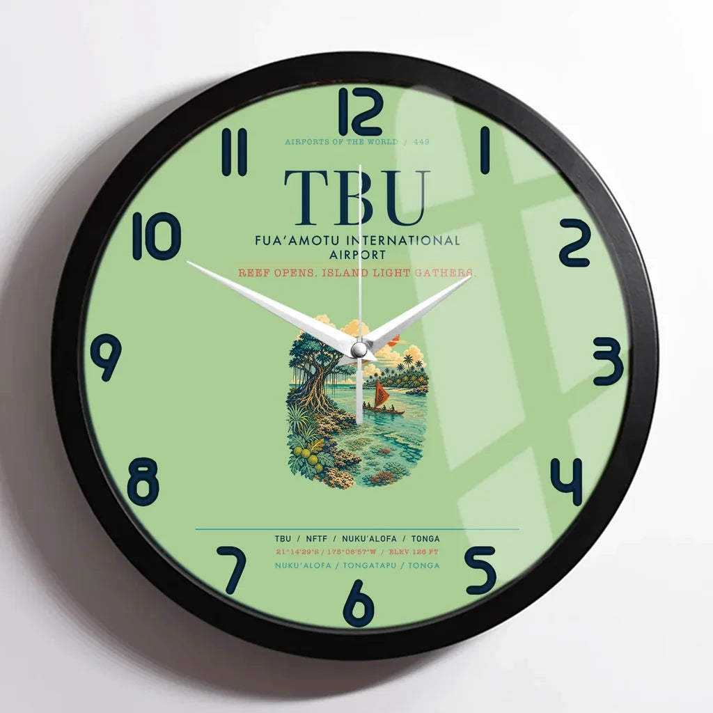 Fuaʻamotu International Airport (TBU) design on light green framed wall clock
