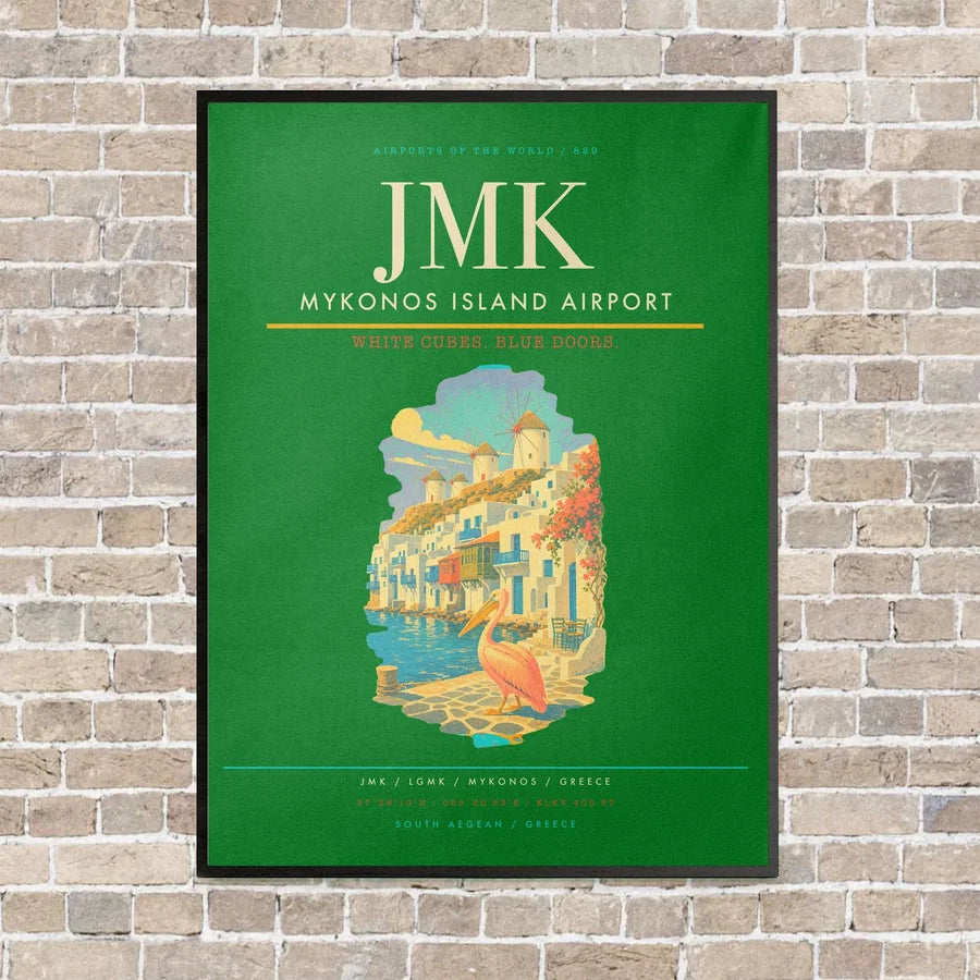 Mykonos Island Airport JMK vertical canvas print - framed - green background