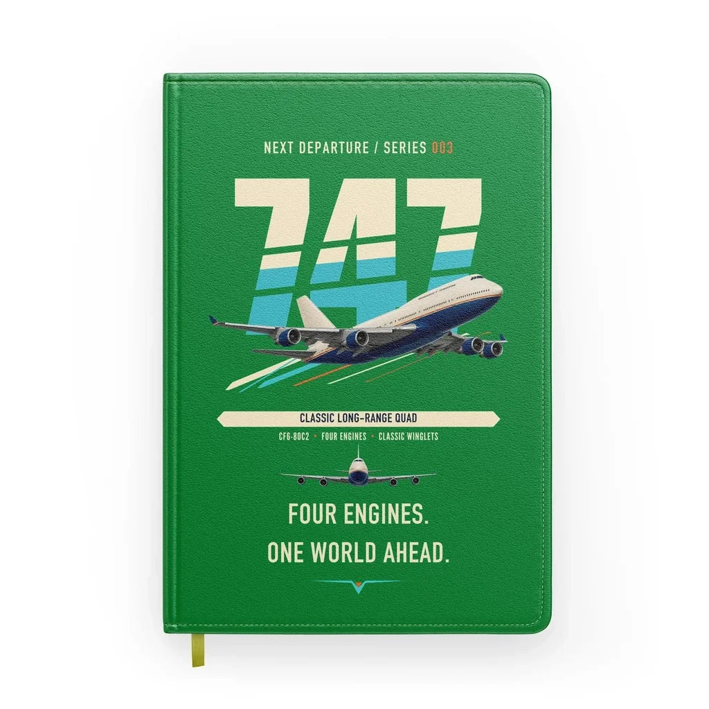 Boeing 747-400 design on green notebook