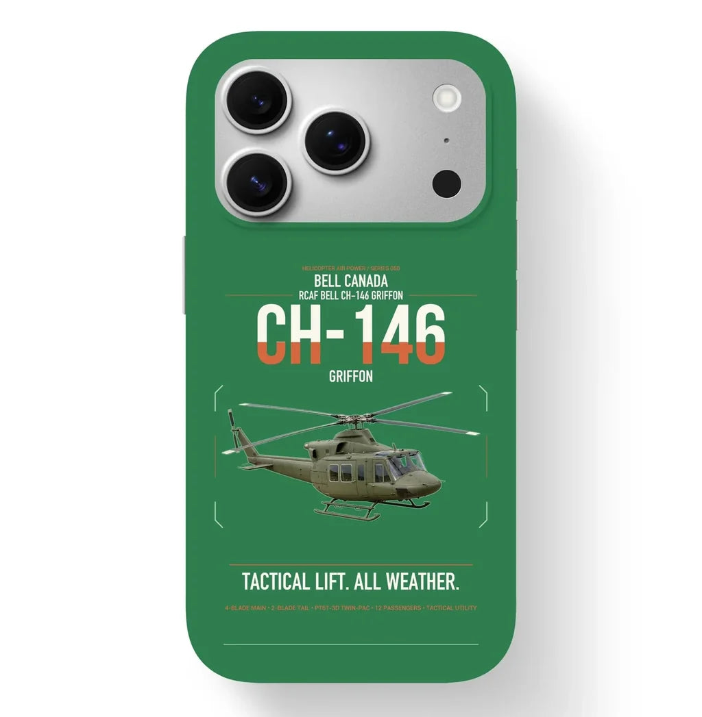 Bell Canada CH-146 Griffon design on green magsafe iphone case, for iPhone 17 Pro