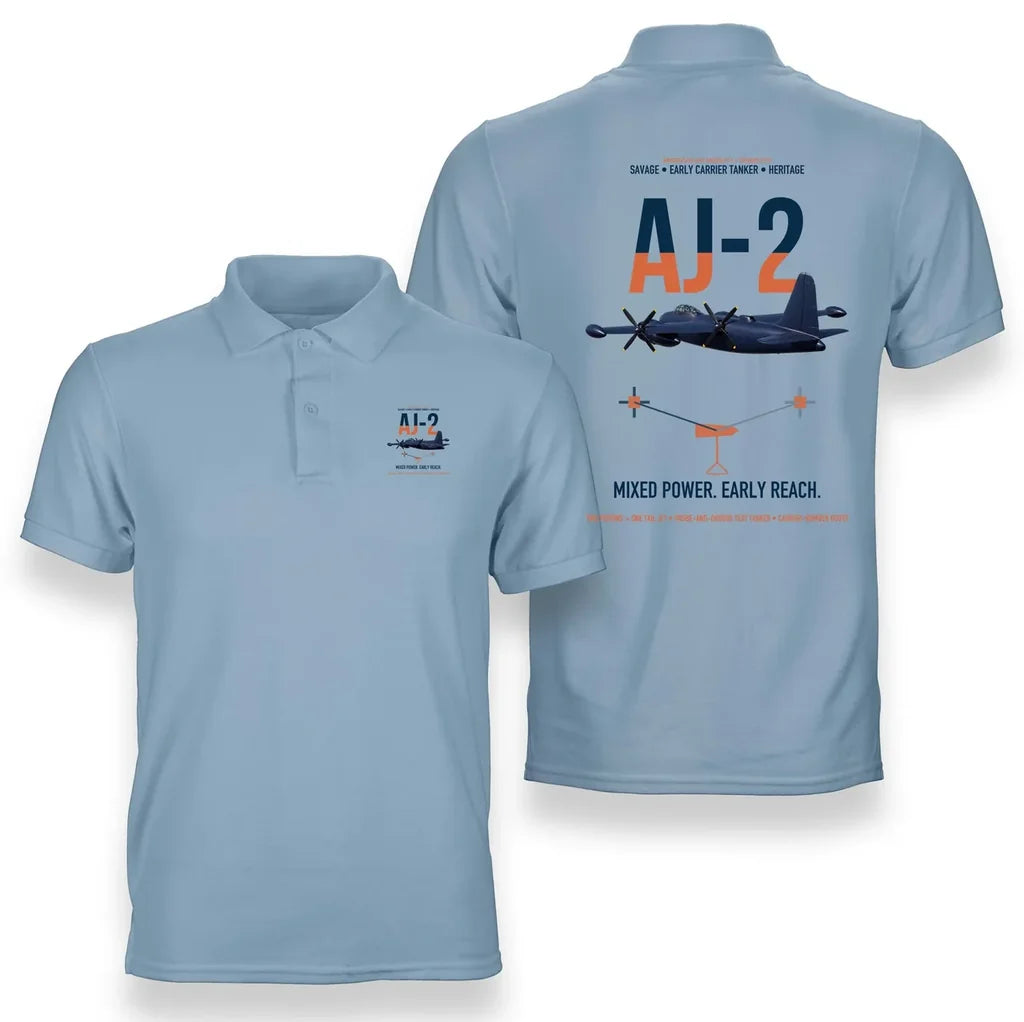 AJ-2 Savage Tanker design on light blue double-side polo t-shirt, double-side print