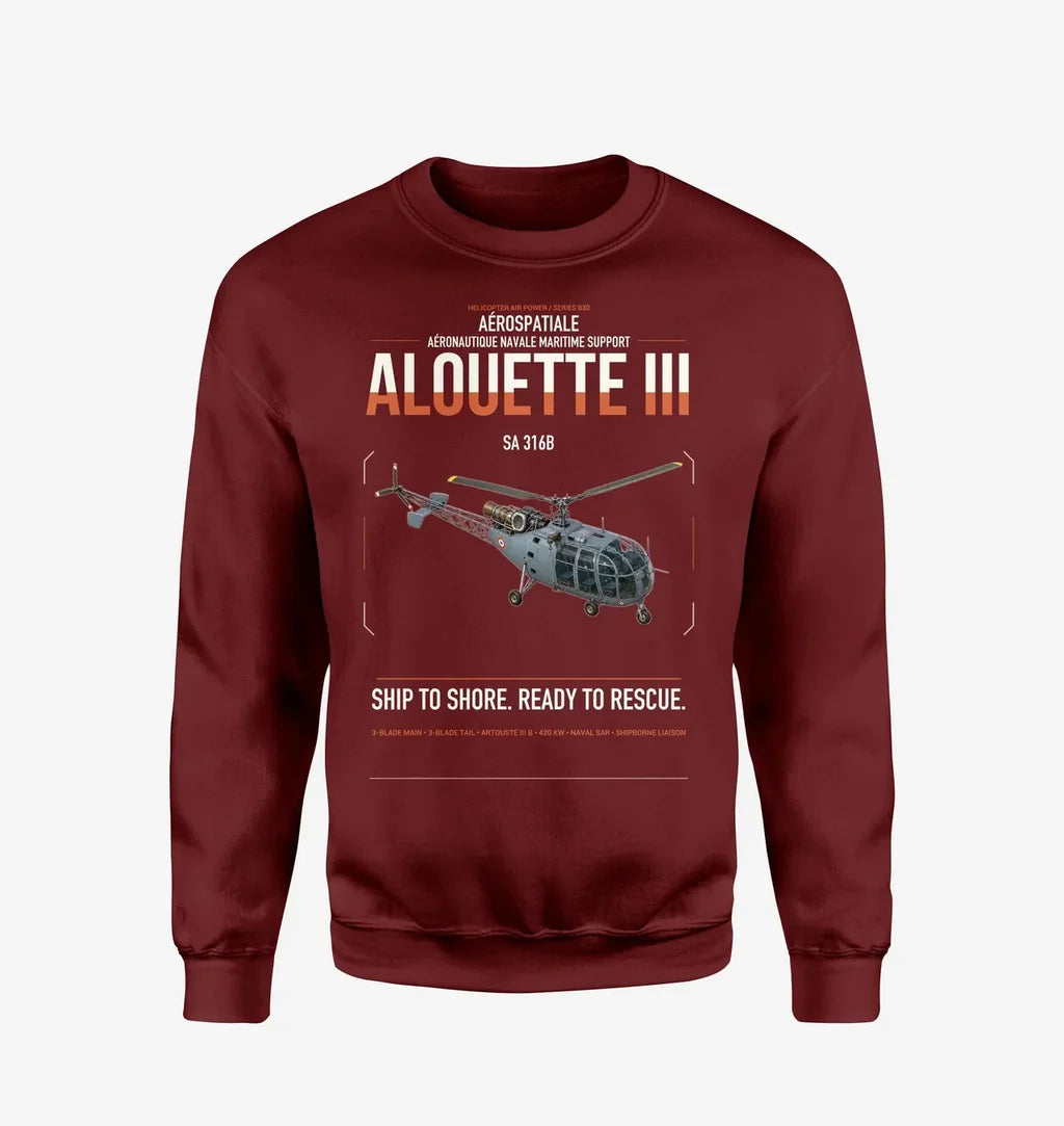 Aérospatiale SA 316B Alouette III design on wine red sweatshirt