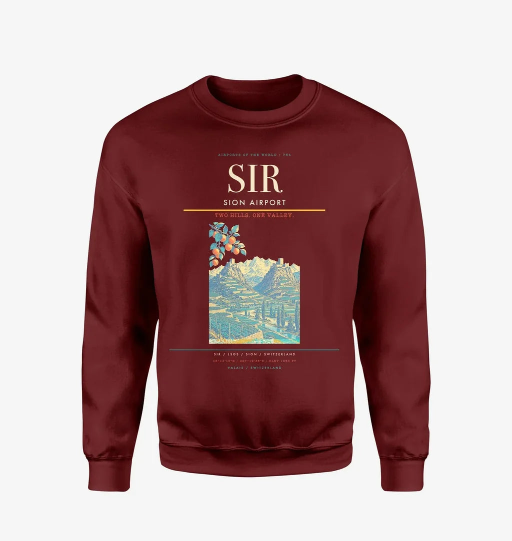 Sion Airport (SIR) design on wine red sweatshirt