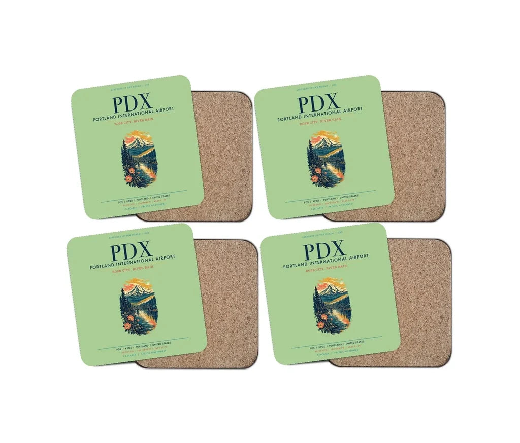 Portland International Airport (PDX) design on light green 4 pieces set coaster