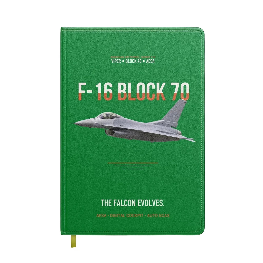 F-16 Block 70 The Falcon Evolves design on green notebook