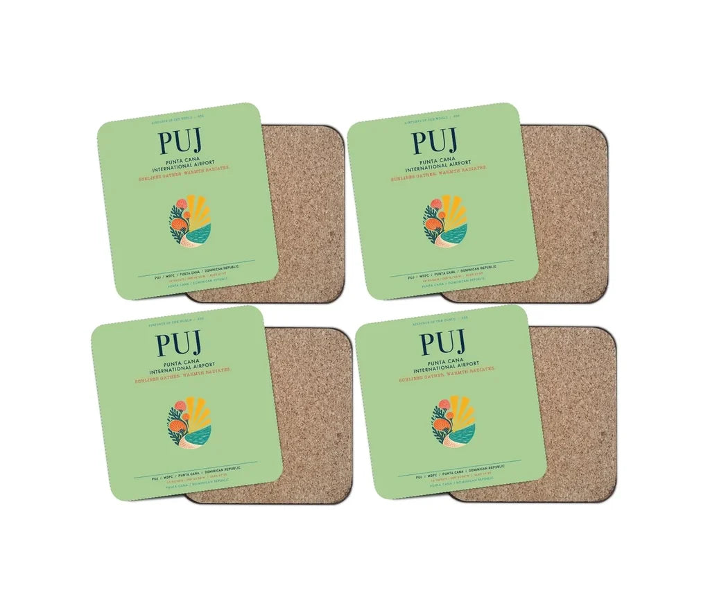 Punta Cana International Airport (PUJ) design on light green 4 pieces set coaster