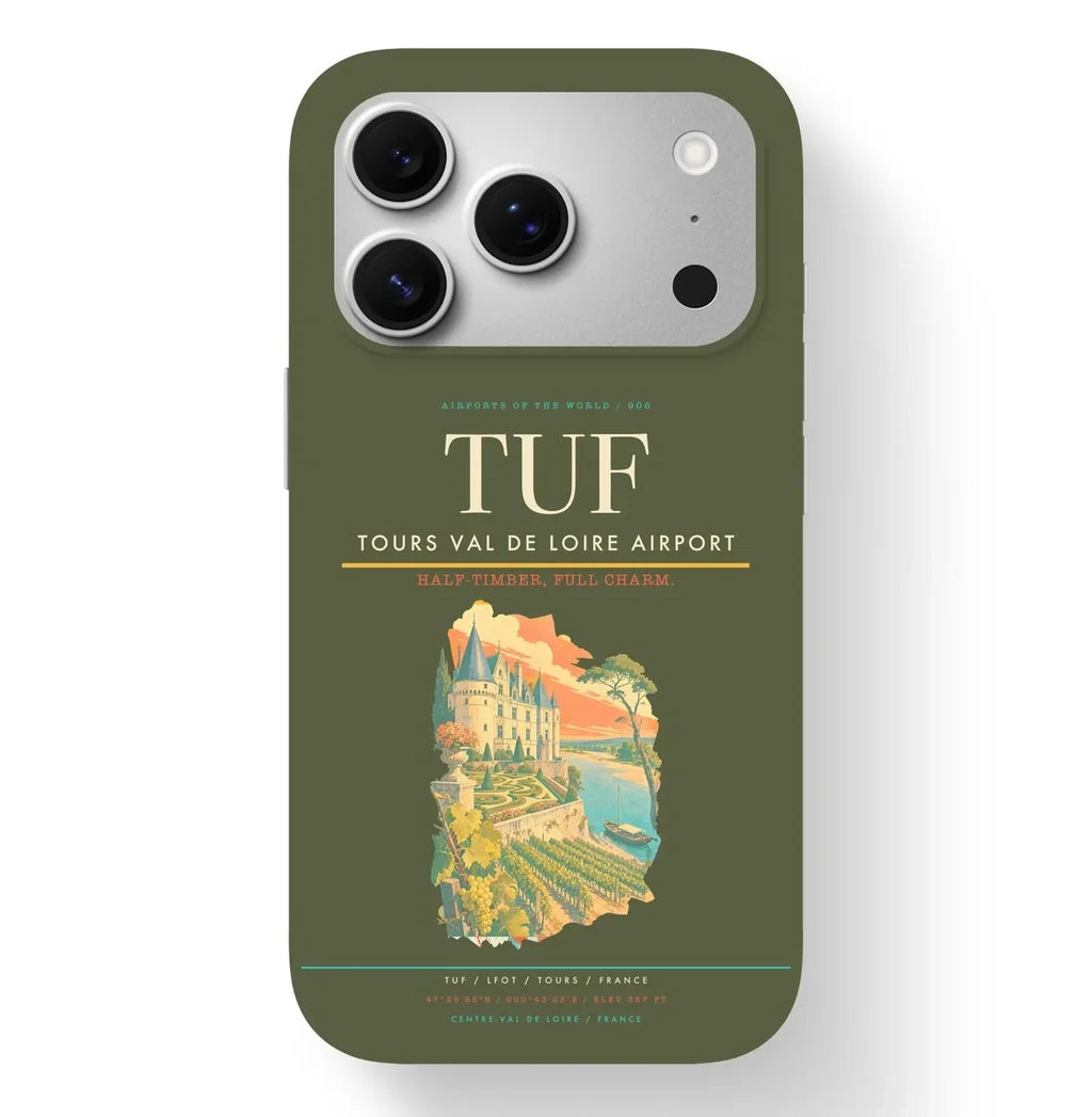 Tours Airport (TUF) design on green army iPhone 17 Pro MagSafe case
