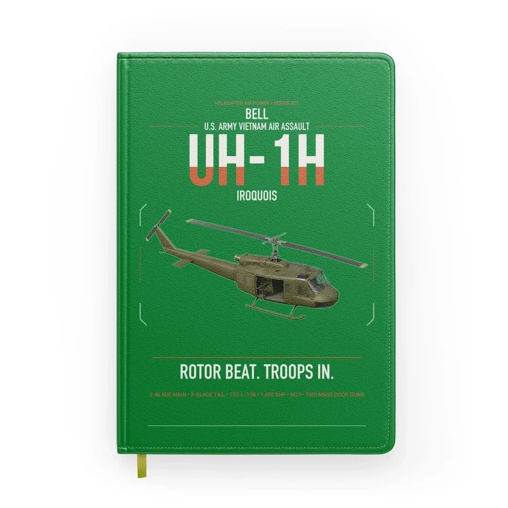 Bell UH-1H Iroquois design on green notebook