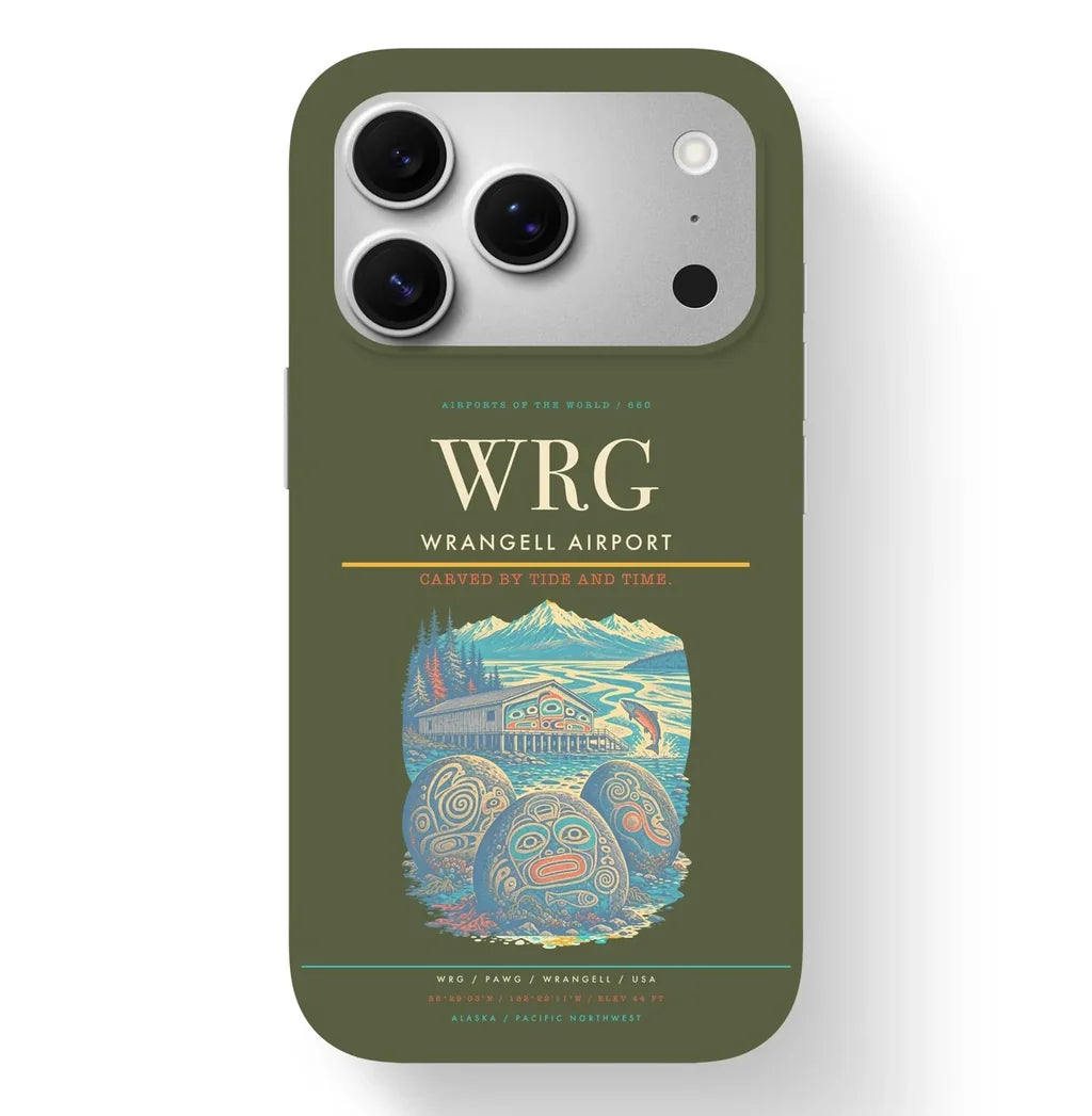 Wrangell Airport (WRG) design on green army iPhone 17 Pro MagSafe case