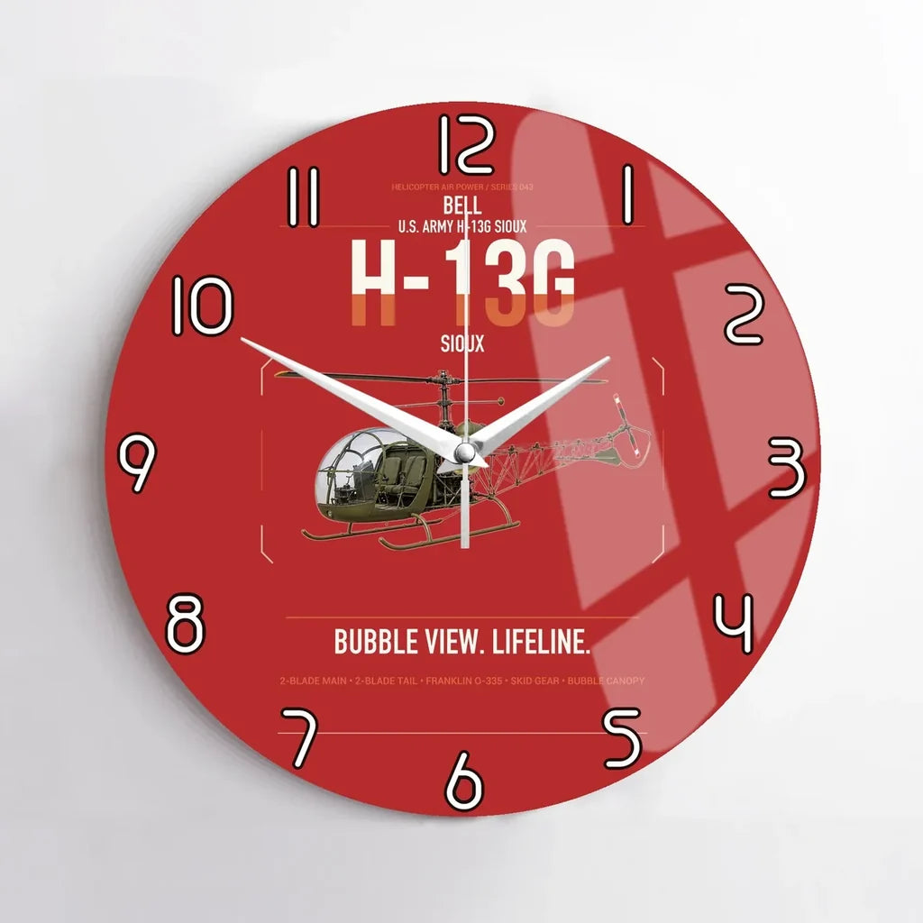 Bell H-13G Sioux design on red no frame wall clock
