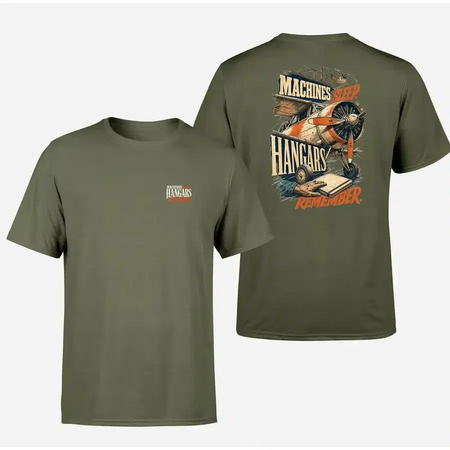 SIGNAL 653 - Machines Sleep. Hangars Remember. - Double-Side T-Shirt design on green army double side t shirt