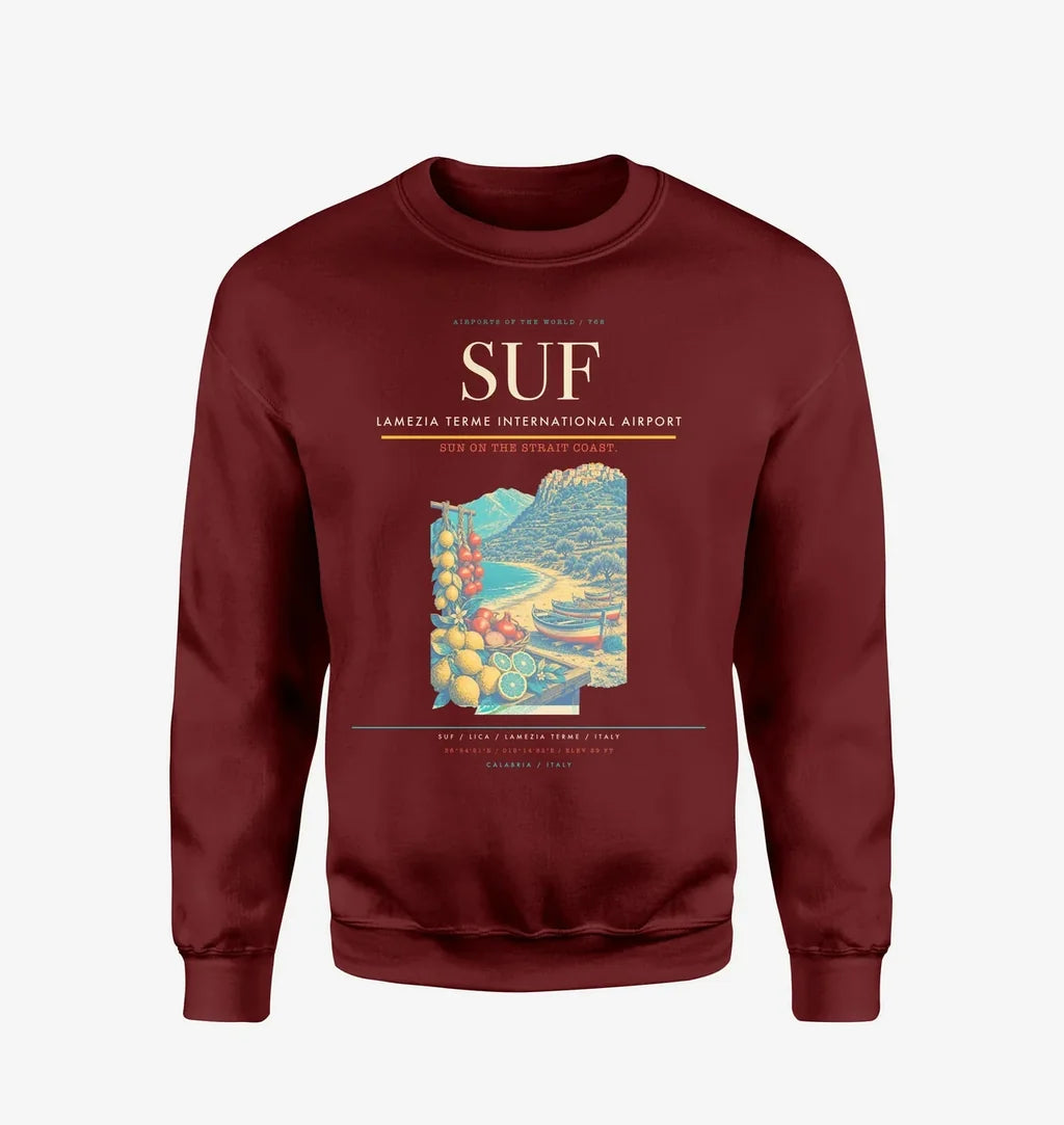 Lamezia Terme International Airport (SUF) design on wine red sweatshirt
