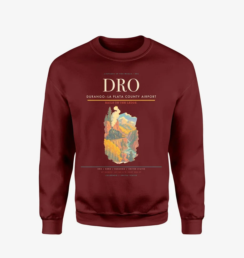 Durango–La Plata County Airport (DRO) design on wine red sweatshirt
