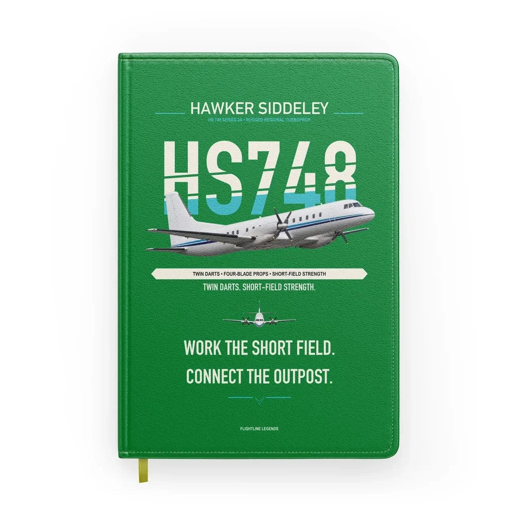 Hawker Siddeley HS 748 Series 2A design on green notebook