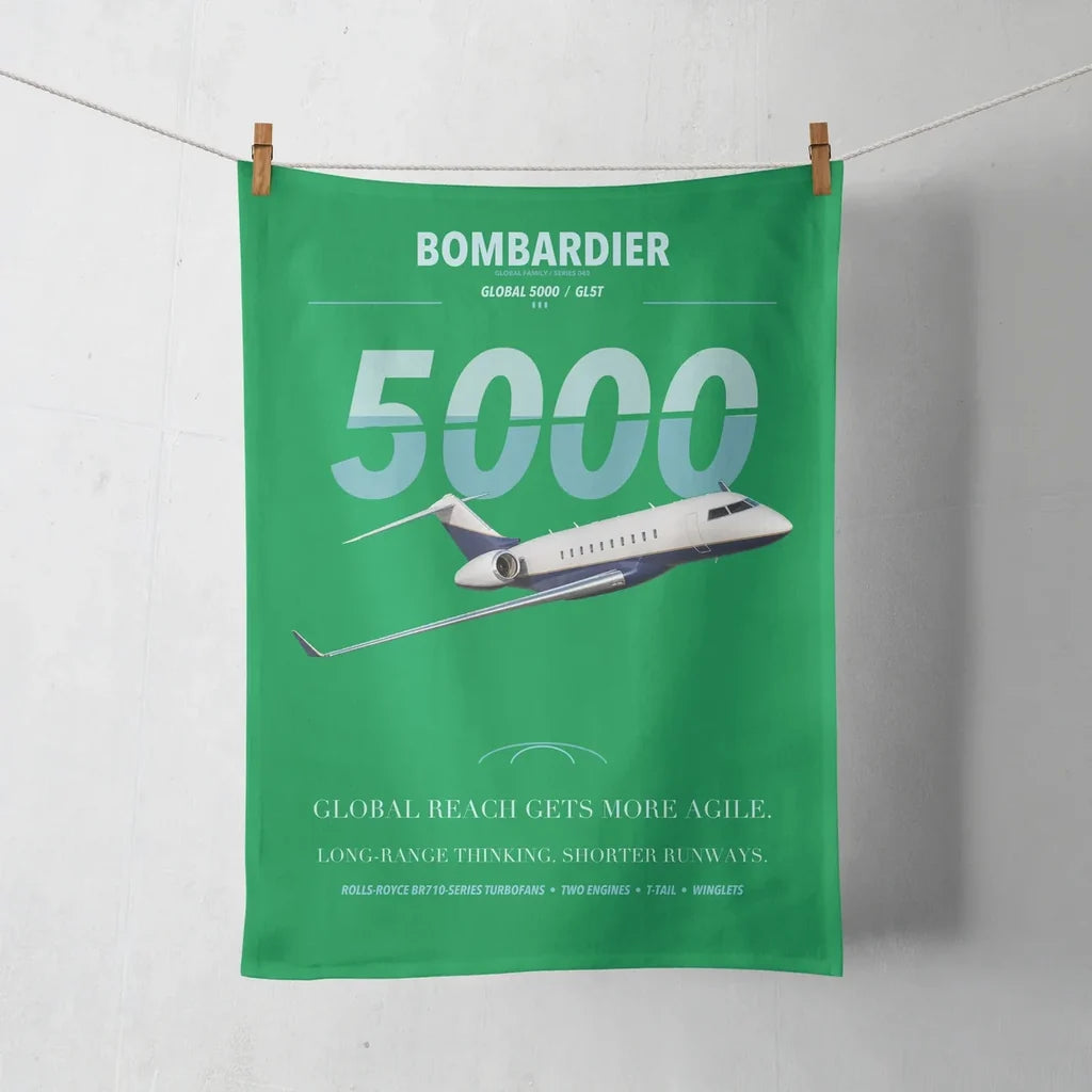 Bombardier Global 5000 design on green towel