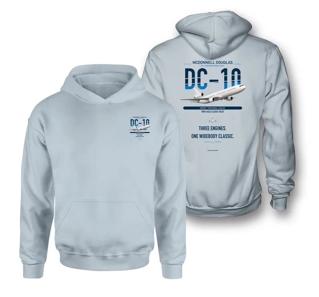 McDonnell Douglas DC-10 design on light blue double-side hoodie, double-side print