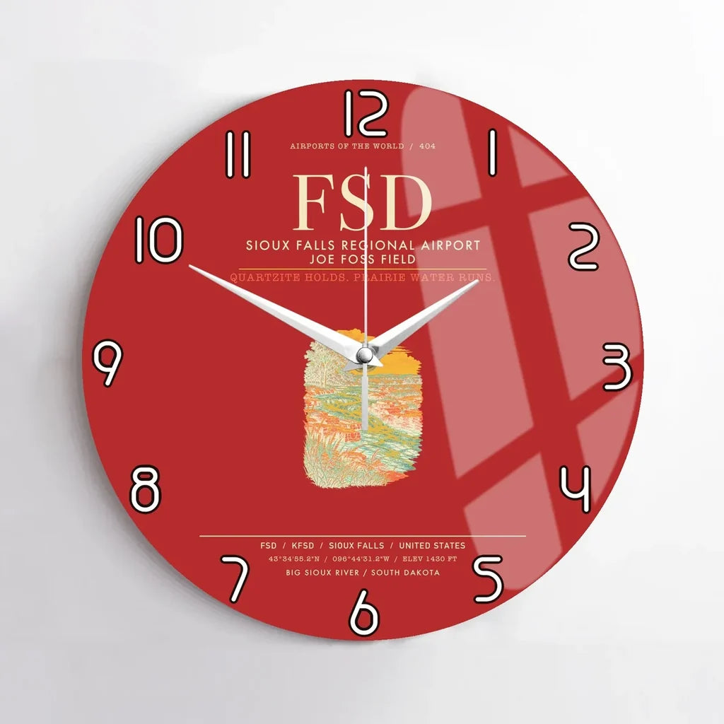 Sioux Falls Regional Airport Joe Foss Field (FSD) design on red no frame wall clock