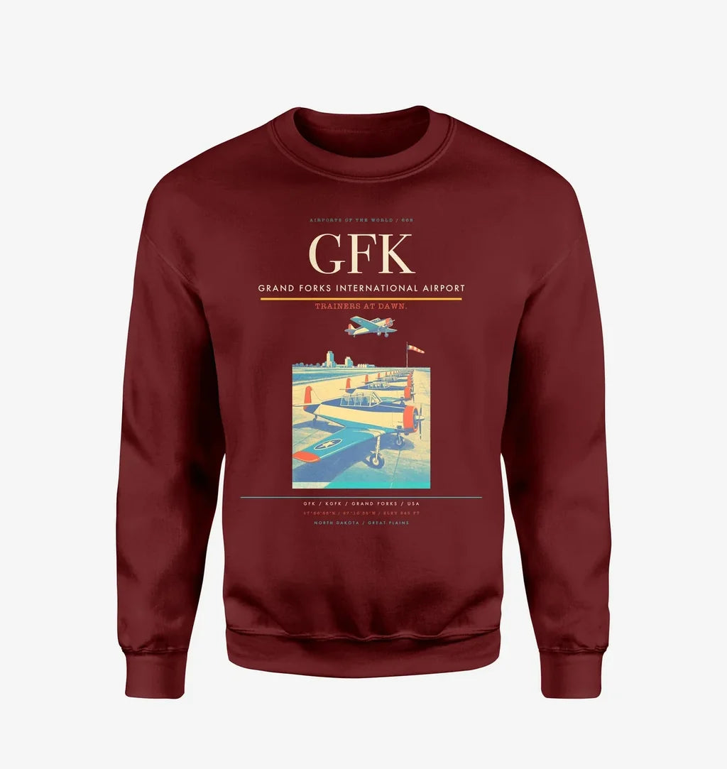 Grand Forks International Airport (GFK) design on wine red sweatshirt
