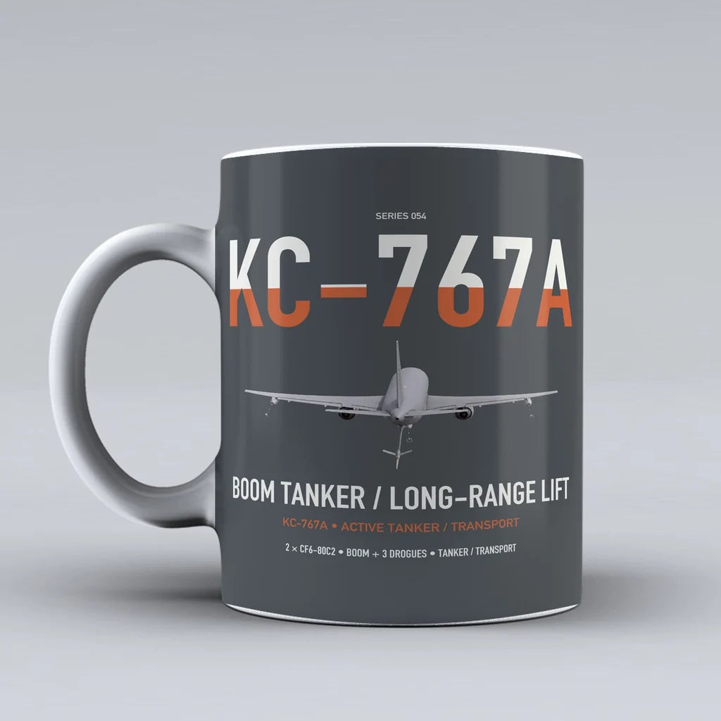 Boeing KC-767A design on gray ceramic mug, double-side print