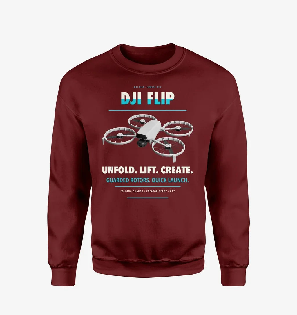 DJI Flip design on wine red sweatshirt