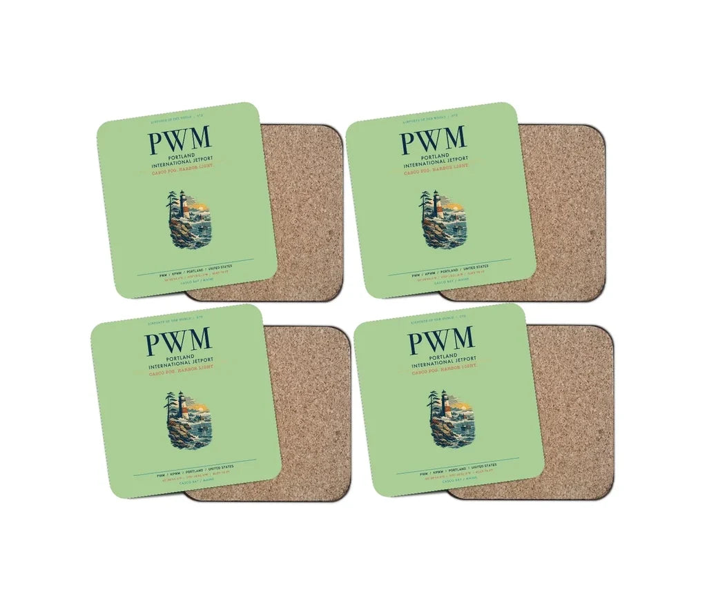 Portland International Jetport (PWM) design on light green 4 pieces set coaster