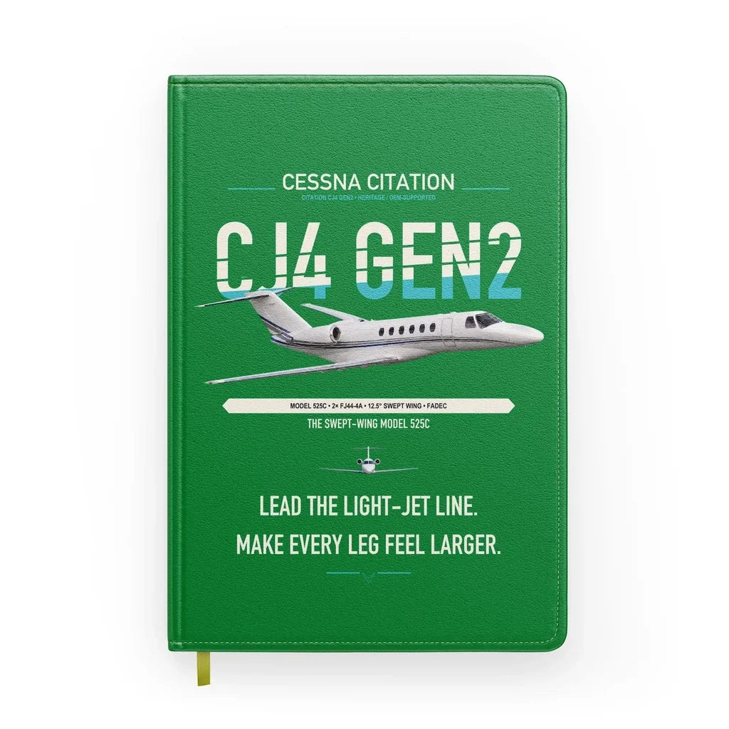 Cessna Citation CJ4 Gen2 design on green notebook