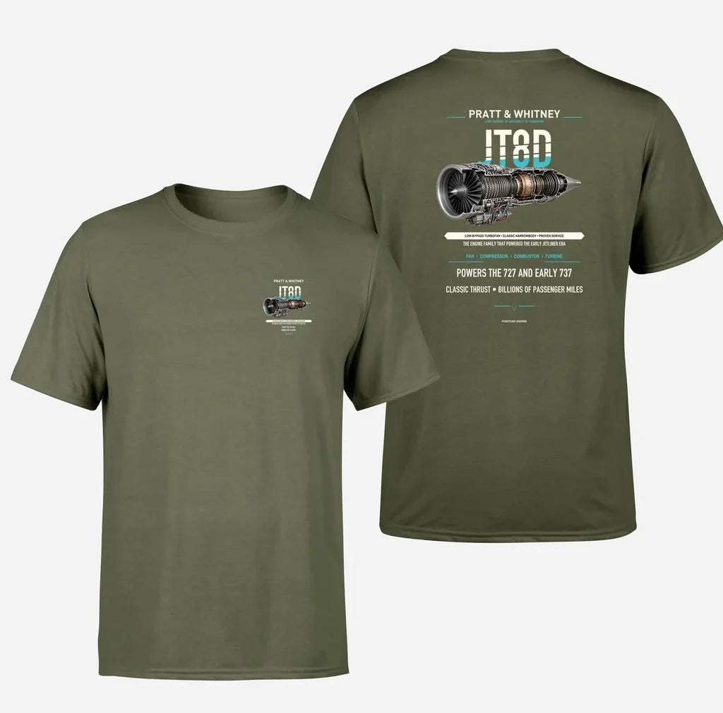 JT8D design on green army t shirt