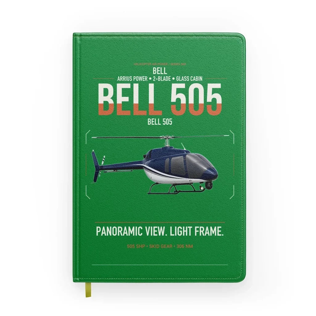 Bell 505 design on green notebook