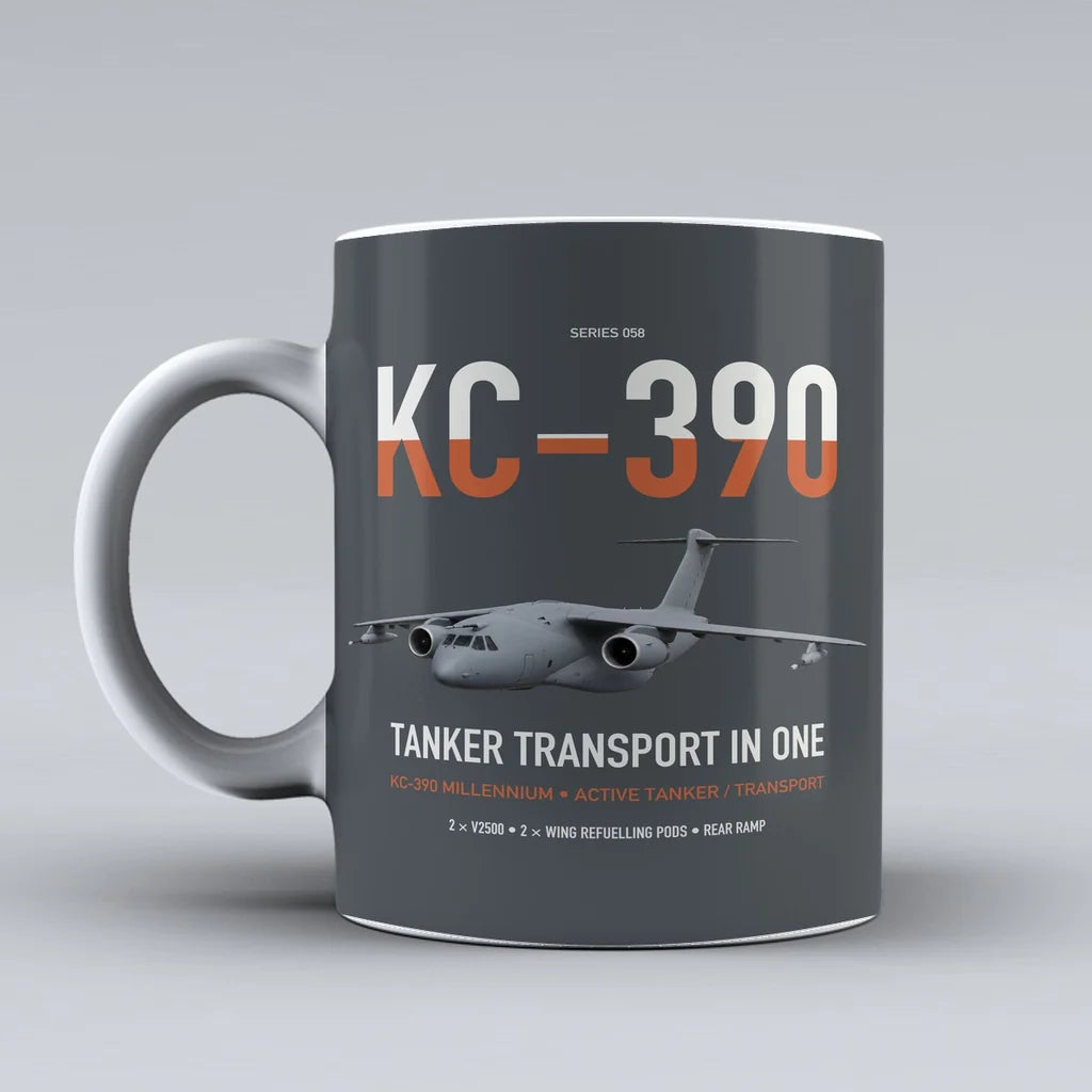 Embraer KC-390 Millennium design on gray ceramic mug, double-side print
