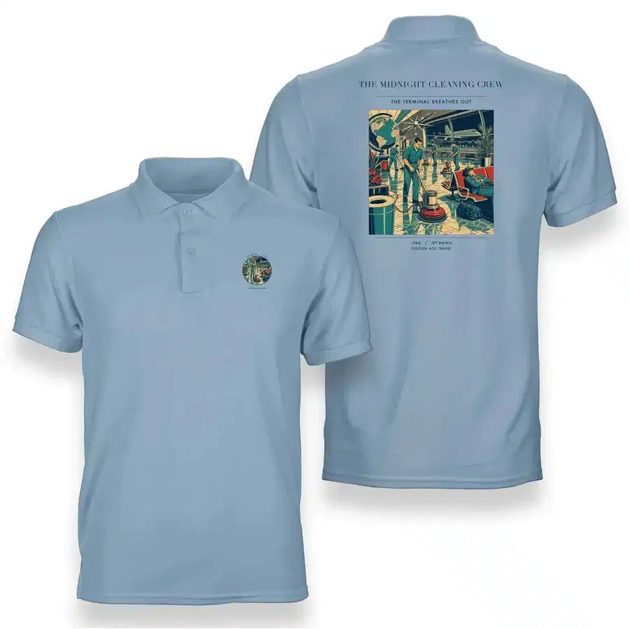 VINTAGE G4378 - The Midnight Cleaning Crew - Double-Side Polo T-Shirt design on lightblue