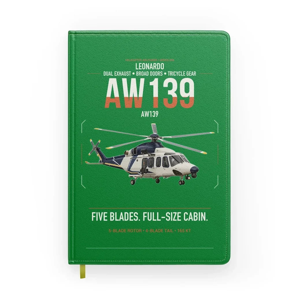 Leonardo AW139 design on green notebook